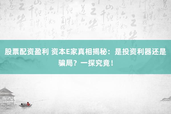 股票配资盈利 资本E家真相揭秘：是投资利器还是骗局？一探究竟！
